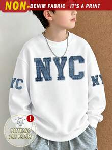 (1件) 男童簡約時尚紐約 NYC 圖案圓領運動衫，舒適日常穿著，適合秋冬 - 白色 - 查看 3