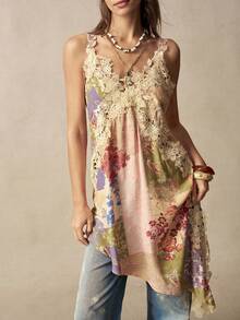Bohemela Summer/Fall Vacation Casual Floral Lace Patchwork Ruffle Strap Women's Top, Daily Wear, Country Concert Party, Back To School - Multicolor - View 4