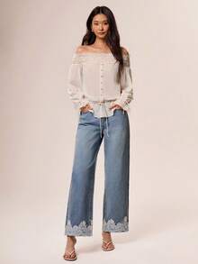 Willow Rêve Women's Casual Versatile Everyday Travel Jeans With Pocket And Lace Patchwork - Baby Blue - View 5