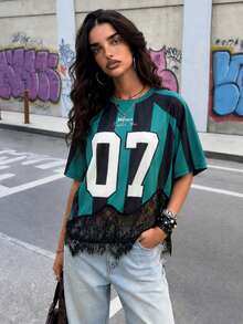 Muchica Teal Striped Lace Patchwork Digital Print Raglan Sleeve Women's T-Shirt Going Out Summer Streetwear - Multicolor - View 3