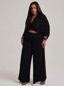 NYA SZN Plus Curve Matching Set Top Pant Draped Long Sleeve V Neck Wide Leg Casual Sexy Summer Elegant Luxury Black Outfits For Women Vacation Formal - Brown - View 3