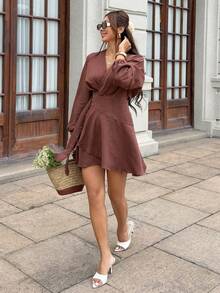 Serisse Women's Solid Color V-Neck Pleated Casual Daily Wear Dress,Fall/Winter ,Formal ,Business ,Chic ,Back To School,Christmas,New Year ,Going Out - Apricot - View 10