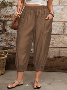 EMERY ROSE 大尺碼休閒錐腿抽繩腰側貼袋短版長褲 秋季 - 咖啡棕 - 查看 4