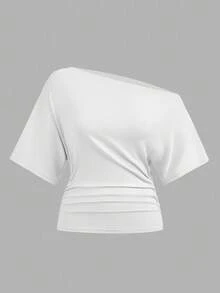 Slaydiva 黑色、白色、藍色 3 件組 寬肩抽褶腰基本款 T-shirt，夏季上衣，適合外出、海邊度假 - 彩色 - 查看 6