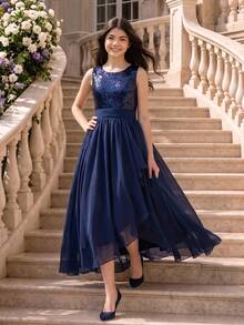 Tween Girls All-Season Graduation Wedding Flower Girl Elegant Ball Gown Dress, Navy Blue Chiffon Hem Mid-Waist Pleated Top Sequin Round Neck Tank Top Evening Dress For Big Girls, Back To School Fashion Puff Princess Dress - Navy Blue - View 1