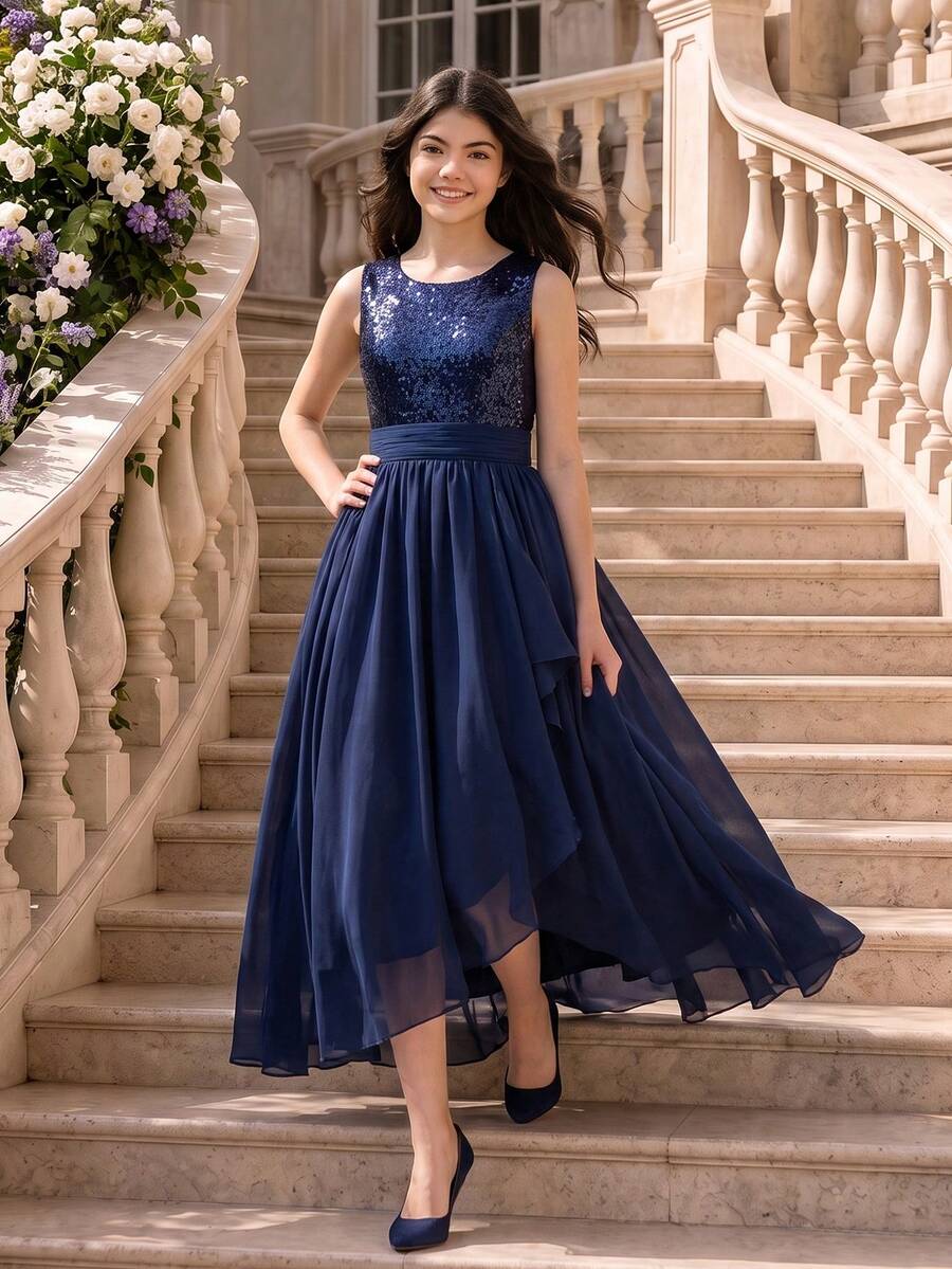 Tween Girls All-Season Graduation Wedding Flower Girl Elegant Ball Gown Dress, Navy Blue Chiffon Hem Mid-Waist Pleated Top Sequin Round Neck Tank Top Evening Dress For Big Girls, Back To School Fashion Puff Princess Dress - Navy Blue - View 1