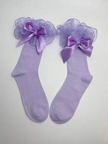ROMWE Kawaii Calcetines tubo con volantes de malla y lazo en contraste para mujer - Morado claro 96 - Ver 4