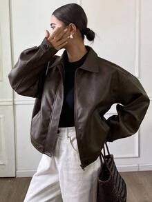 Livesso Tall 女款寬鬆版型翻領長袖PU皮革夾克，休閒街頭風常規外套校園風 - 棕色 - 查看 5