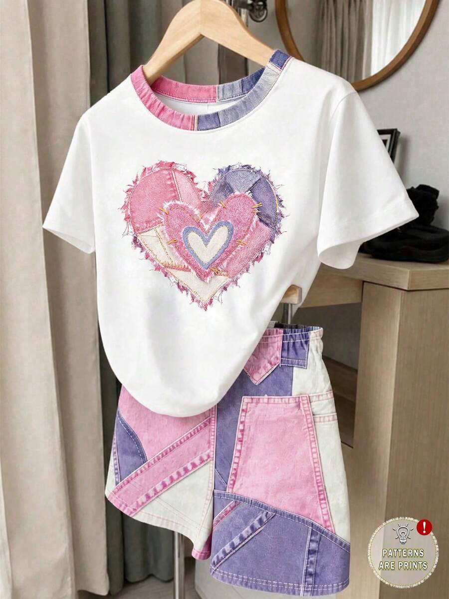 Tween Girl Casual Minimalist Cartoon Pattern Short Sleeve T-Shirt And Shorts 2 Pieces Set Suitable For Summer - Multicolor - View 1