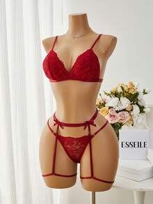 3pack Floral Lace Bow Front Thong Garter Lingerie Set Bow Tie - Burgundy - View 5