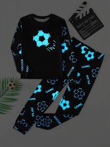 SHEIN 青少年男孩霓虹美式足球圖案圓領長袖褲子休閒舒適修身居家睡衣套裝 2件組 - 黑色 - 查看 5