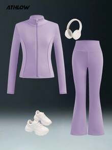 SHEIN Tween Girls Purple Autumn Atletic Pilates Yoga Sports Jacket & Flared Pants Set,Comfortable Elastic Stretch Fashion Cycling Tennis Gym Hiking Campus - Mauve Purple - View 6