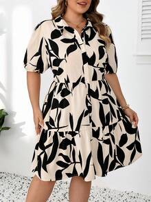 SHEIN CURVE+ 大尺碼US22音樂節海邊度假波希米亞風女款花卉豹紋短澎澎袖單排扣時尚襯衫洋裝 - 彩色 - 查看 8