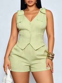 SOLERSUN Plus-Size Women's Sleeveless Two Pieces Crop Set, Suitable For Professional And Business Occasions. - Green - View 3