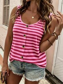 EMERY ROSE Plus Size Women's Comfortable Color Block Striped Pattern Round Neck Button Up Top, Round Neck Comfortable Camisole Tank Top, Suitable For Daily Casual Wear - Multicolor - View 1
