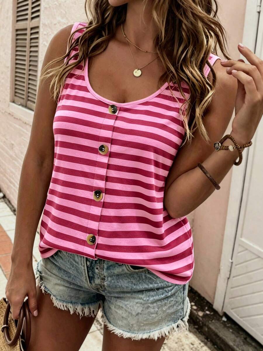 EMERY ROSE Plus Size Women's Comfortable Color Block Striped Pattern Round Neck Button Up Top, Round Neck Comfortable Camisole Tank Top, Suitable For Daily Casual Wear - Multicolor - View 1
