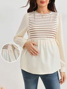 SHEIN Maternity Striped Patchwork Round Neck Long Sleeve Simple T-Shirt Fall - Apricot - View 7