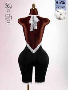Amplova Jumpsuit Wanita Musim Gugur Elegan Potongan Rendah Katun Murni dengan Renda Kontras Panjang Sedang - Hitam - View 13