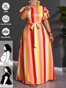 SHEIN CURVE+ 2026夏季新款，加大码女士条纹印花荷叶袖连衣裙，适合度假、日常约会、春季外出。这款飘逸的荷叶袖长裙采用条纹设计，色彩鲜艳，是女士度假的理想之选。 - 彩色 - 查看 10