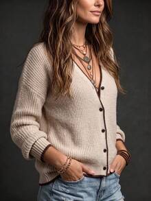 SHEIN Casual Loose Round Neck Long Sleeve Knit Button-Down Contrast Trim Cardigan Khaki Women Spring Autumn - Khaki - View 4