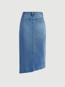 SHEIN MOD 女款休閒性感牛仔裙，前開衩不對稱下擺，藍色度假穿搭 - 中等水洗藍 - 查看 2