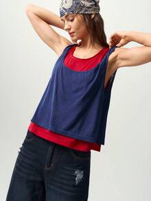 Bohemela Casual Knit Colorblock 2 In 1 Women's Tank Top Everyday Navy Blue Red Summer - Multicolor - View 4