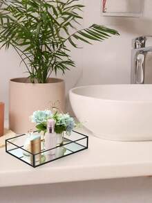 Black Octagon Mirror Glass Makeup Vanity Tray For Hotel Bathroom Bedroom, Retro Hex Embossed Glass Coasters With Golden Brass Edging, Anti-Slip Dining Table Trinket Pads. - black - View 6