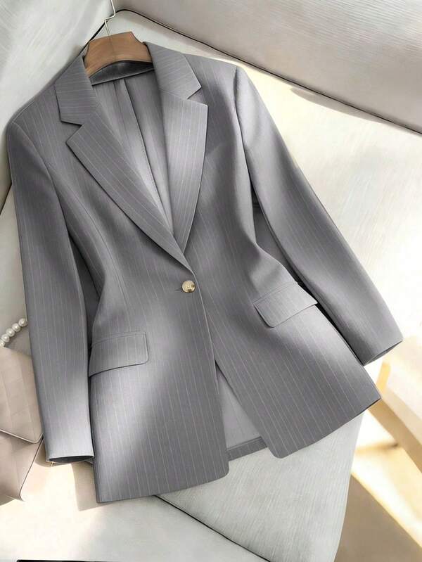 Franclia Women's Striped Blazer,Grey Autumn Business Casual Office Single-Button Fitted Textured Fabric Jacket,Casual Commute Versatile Spring/Autumn Khaki