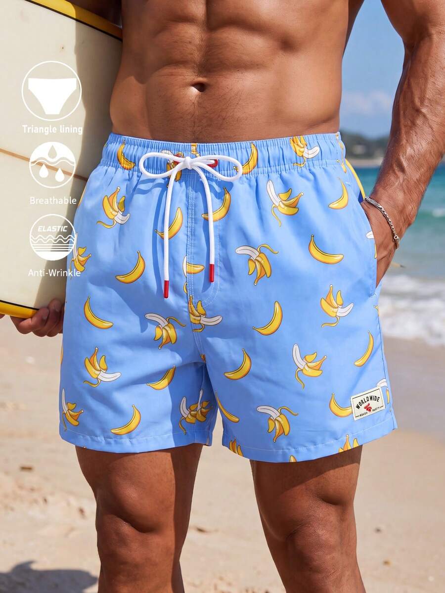 Manfinity Swimmode 男士抽繩腰頭滿版印花休閒沙灘短褲 - 藍色 - 查看 1