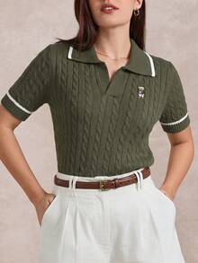 Briarwyn 女款時尚熊刺繡短袖針織上衣，適合日常穿著 - 軍綠色 - 查看 3