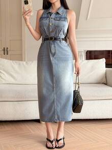 DAZY Autumn Winter Summer Sleeveless Collared Waist-Cinching Elegant Women's Denim Dress - Blue - View 5