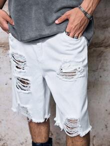 Skyrend 男士休閒夏季純色破洞牛仔短褲 Jorts 哥德龐克街頭風 Emo 男孩穿搭 - 白色 - 查看 6