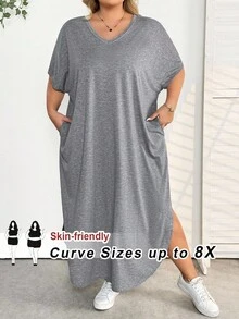 SHEIN CURVE+ 大码女式春夏时尚休闲通勤口袋设计侧开衩连衣裙 - 灰色 - 查看 9