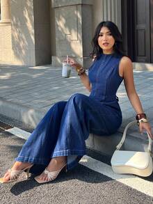 SHEIN PETITE Women's Solid Color Round Neck Backless Sleeveless Denim Jumpsuit ,Petite Women - Blue - View 5