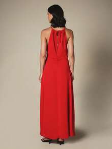 KSTM Halter Neck Ruched Maxi Dress With Tie Back Detail, Floor Length Flowy Evening Gown, Formal Party Night Bar Party Red Summmer Elegent - Red - View 2