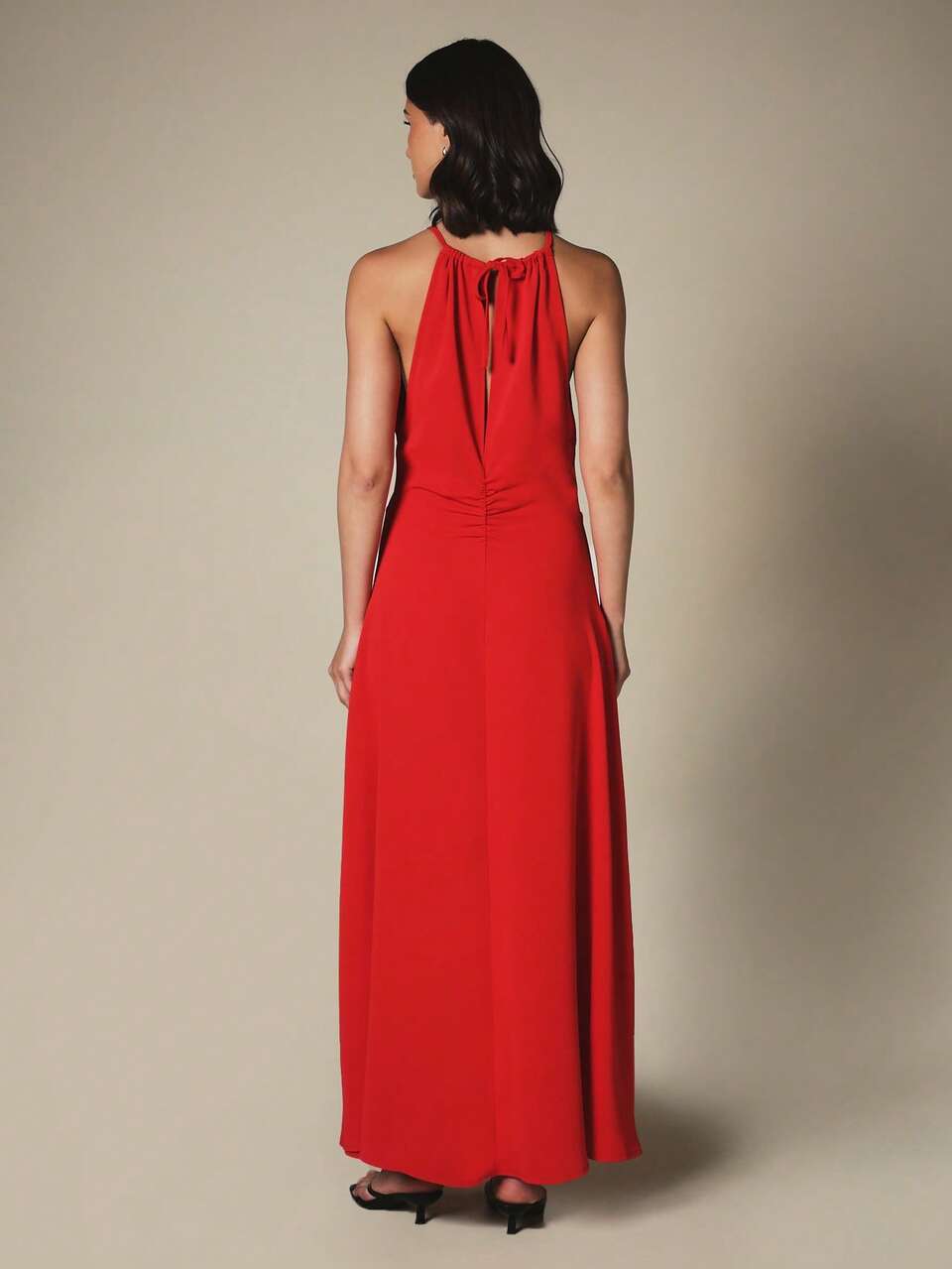 KSTM Halter Neck Ruched Maxi Dress With Tie Back Detail, Floor Length Flowy Evening Gown, Formal Party Night Bar Party Red Summmer Elegent