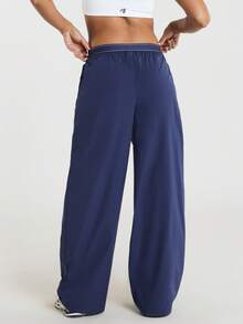 11SKNDS Wide Leg Woven Pants With Elastic Waistband Flowy Relaxed Fit Trousers With Logo Detail Pull-On Style Casual Athleisure Gym Navy Blue Summer - Blue - View 4