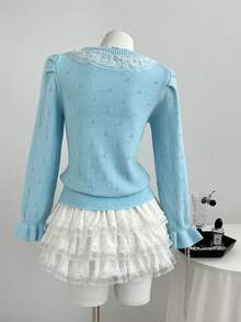 Elamini Lace Trim Design Small Lapel Tie-Front Cardigan - Blue - View 2