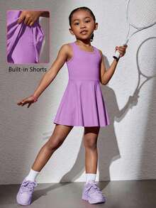 SHEIN Young Girl Solid Color Crew Neck Sleeveless Fitted Casual Dress Sportswear - Purple - View 2