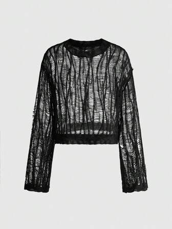 Goth Top de punto de manga larga con diseño calado versátil para mujer, ideal para vacaciones