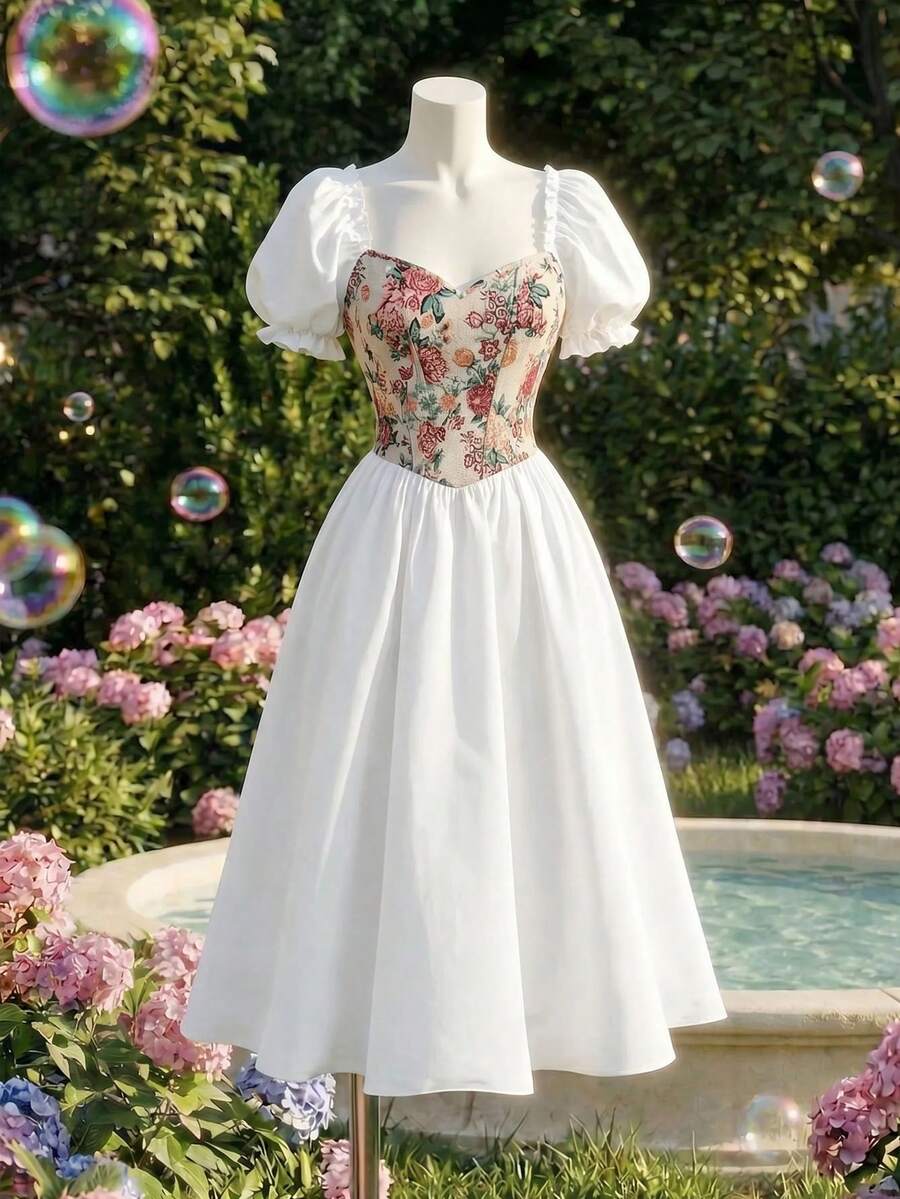 SHEIN MOD 女款夏季優雅提花拼接長洋裝 - 白色 - 查看 1