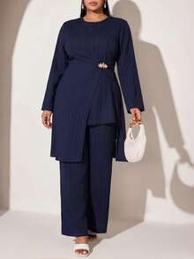 Veilorie Plus Size Solid Color Wrap Top And Pants 2 Pieces Set - Blue - View 4