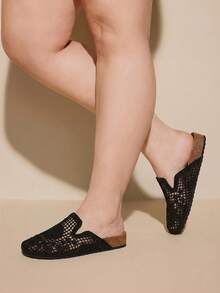 CUCCOO CURVES Women's Woven Breathable Hollow Mules Closed Toe Slippers New Summer Casual Mesh Flats - Black - View 6