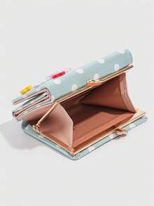ROMWE Kawaii 1Pc Cute Dopamine Fashion Short Wallet With Polka Dots & Button Decor, Compact Women's Short Purse, Back To School Gift, Portable Daily Card Organizer - Blue - View 5