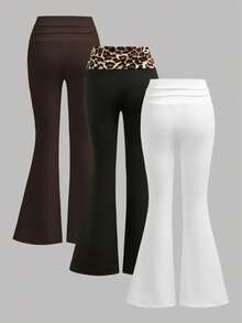 Girlism Tween Girl Tween Girls 3pcs Spring/Summer New Fashion Casual Brown & White Leopard Print Waistband Solid Color Patchwork Leopard Print Flare Leggings Set, Elastic Waistband, Fitness Sports Flare Leggings, American Retro Versatile - Brown - View 2