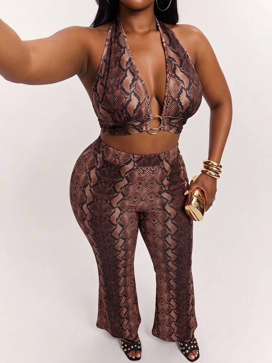 Radiana Plus Size Women's Fashion Sexy 2-Piece Set: Ring Design Snake Print Halter Deep V-Neck Top + Matching Flare Pants Set, Suitable For Party, Daily Wear - Multicolor - View 1
