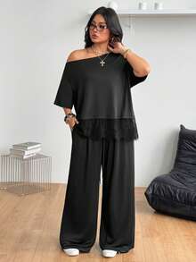 Coolane Plus Size Asymmetric Neck Lace Patchwork Top And Drawstring Waist Loose Pants 2-Piece Set - Black - View 5