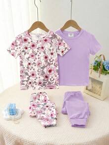 SHEIN 女童休閒簡約修身舒適圓領短袖長褲家居服套裝，4件組，適合春夏 - 彩色 - 查看 4