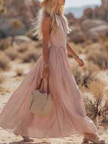 SHEIN LUNE Women's Textured Shirred Halter Neck Pleated Vacation Dress Vacation Dusty Pink Summer Elegant - Pink - View 4