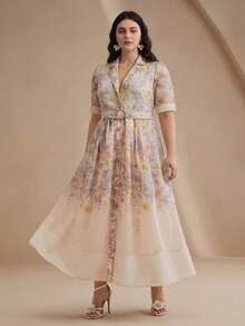 Anewsta Frühling/Sommer eleganter Stil helles Apricot hochwertig positioniert bedrucktes Kurzarm-Hemdkleid mit geraffter Taille und Bindung vorne, Damen-Maxikleid in großen Größen - Verschiedenfarbig - Übersicht 6